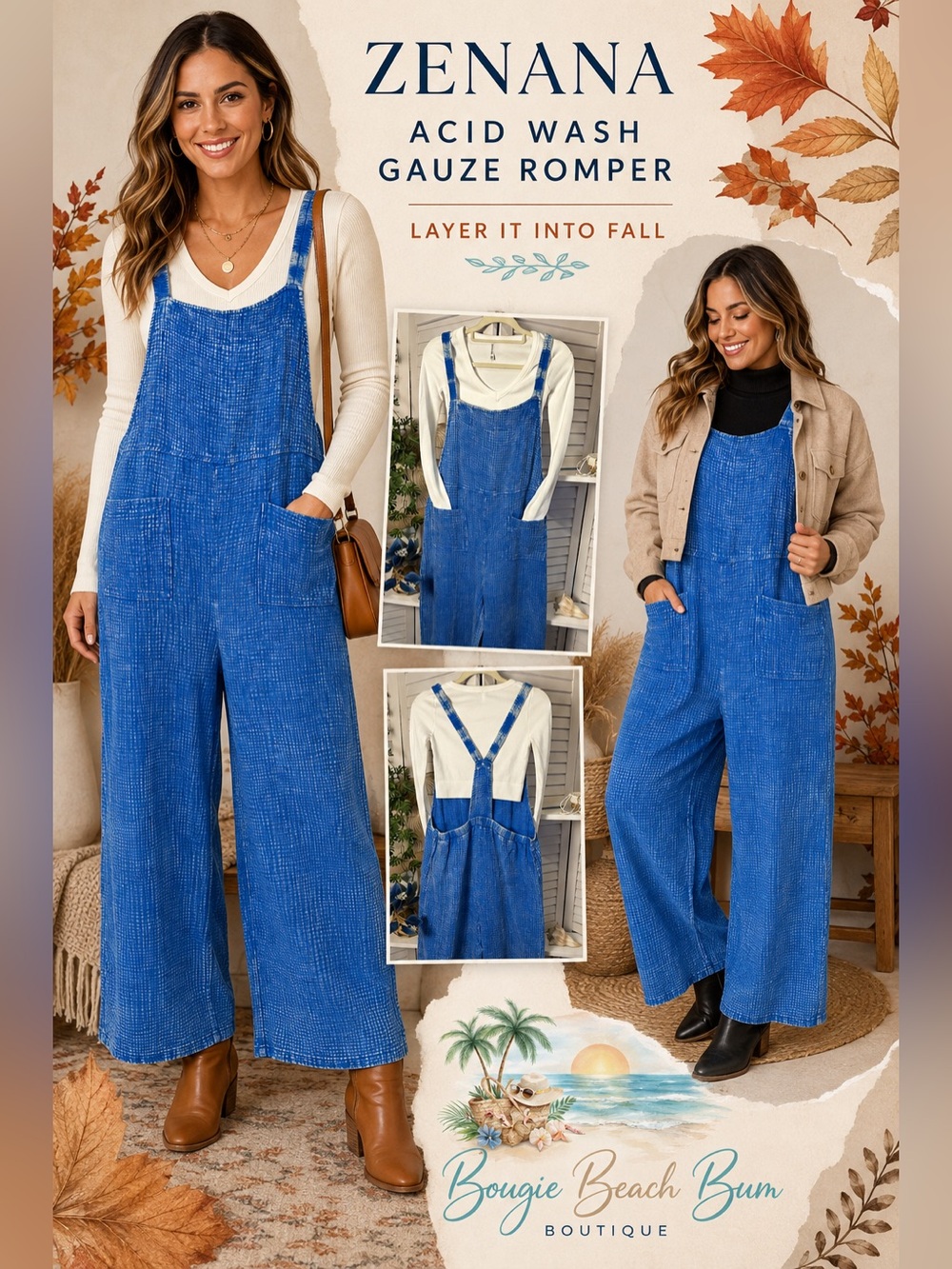 Zenana Outfitters Ocean Blue Gauze Wide-Leg Overall Romper